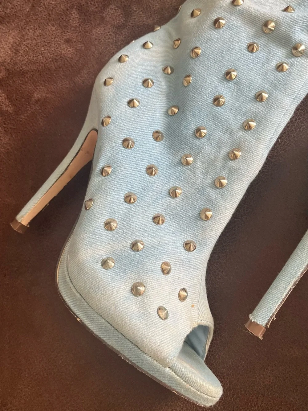Denim Over the knee studded peep toe boots size 7.5 Light Blue stilletto boots